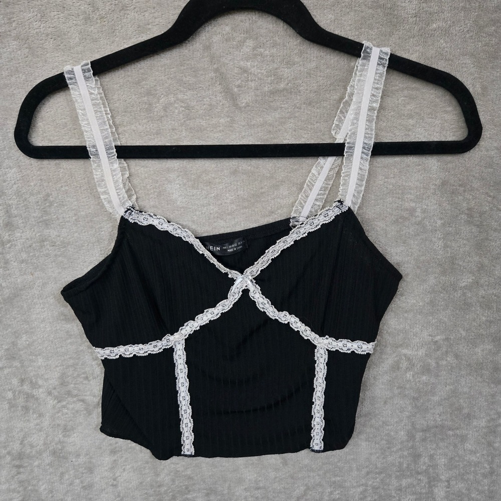 SHEIN Camisole Tank Y2K Large Black Lace Trim Ribbed Cropped Coquette Fairycore